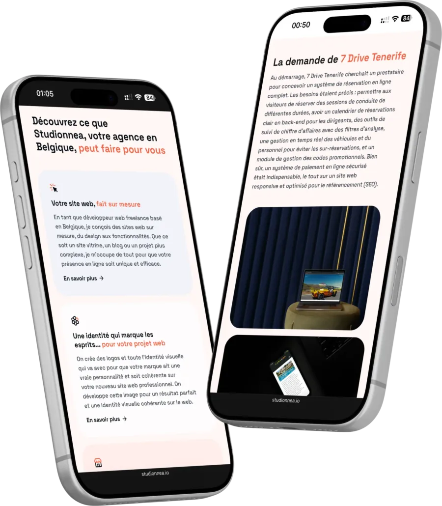 Deux téléphones ouverts sur le site de Studionnea
